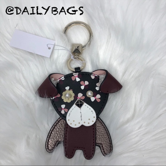 KATE SPADE DOG PUPPY FLORAL BROWN KEY CHAIN WHITE - Picture 2 of 5